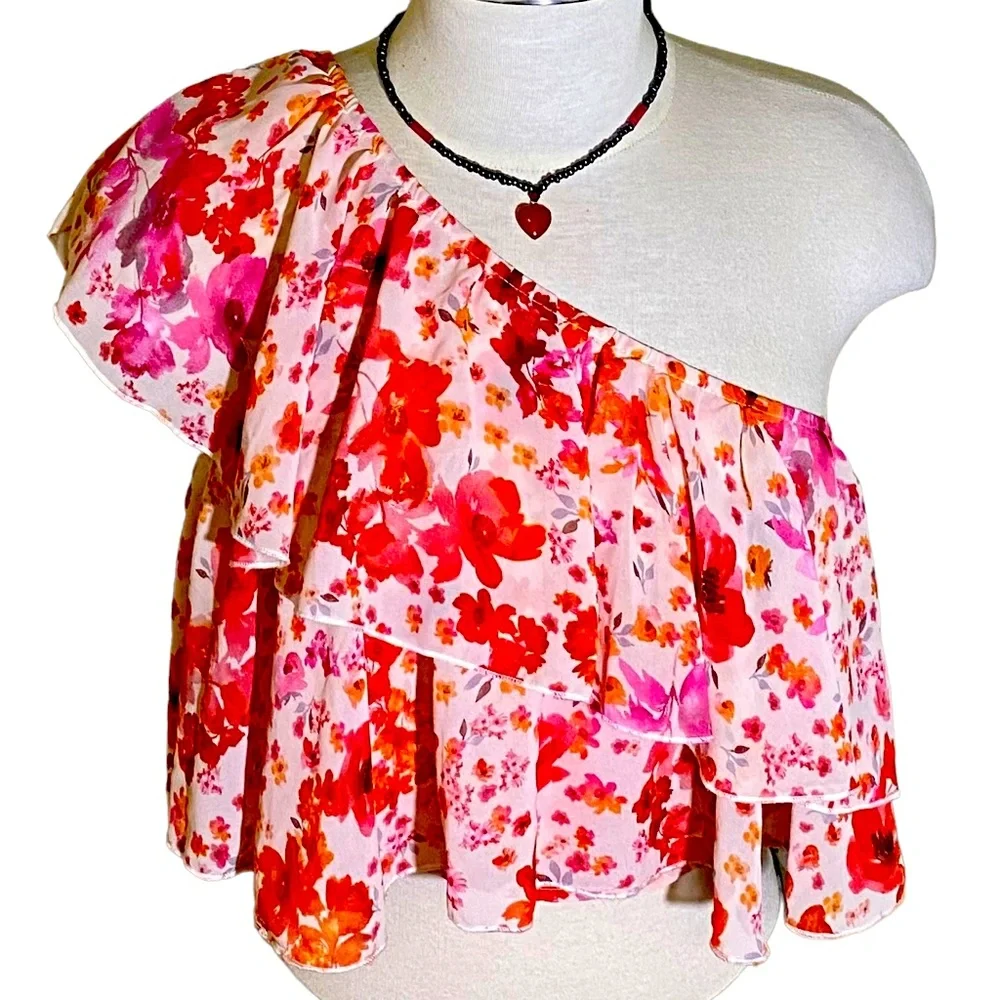Floral Print One Shoulder Ruffle Trim Top - Picture 1 of 15